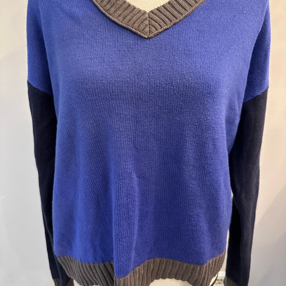 Candace Cameron Bure Blue and Gray V-Neck Sweater